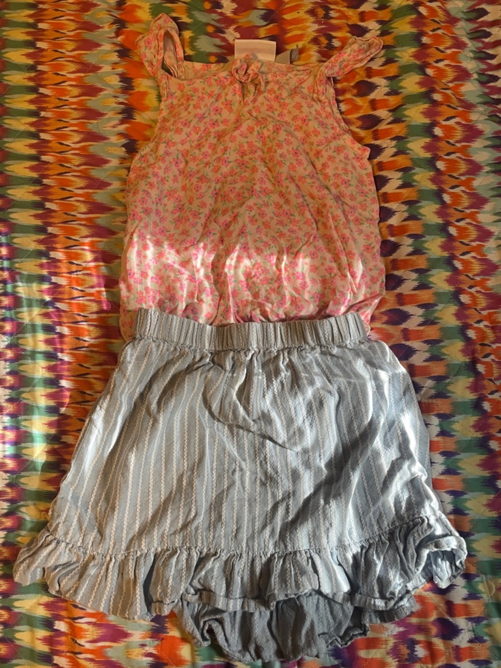 Girls Floral Pink Tank and Light Blue Stripe Skirt Matching Set